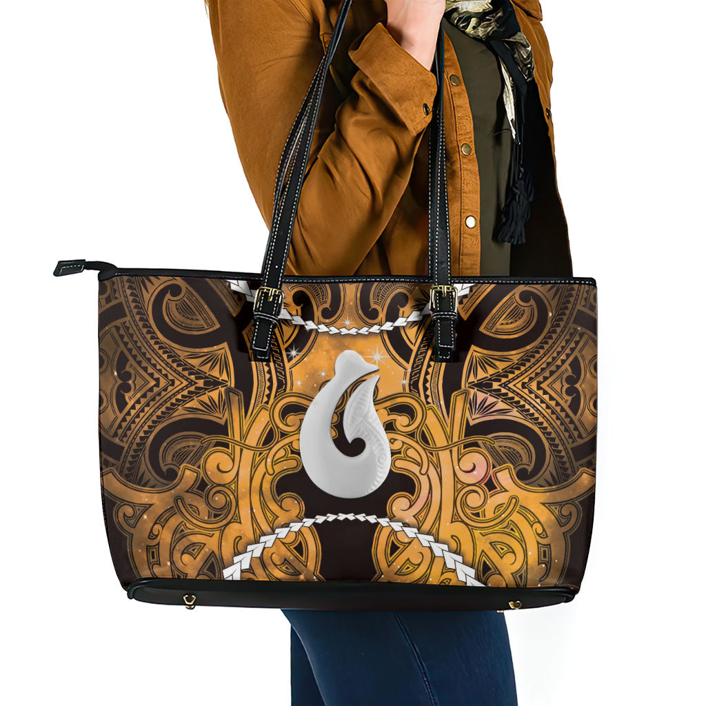 Maori Matariki Hei Matau Kowhai Leather Tote Bag Maori Kowhaiwhai Pattern Galaxy