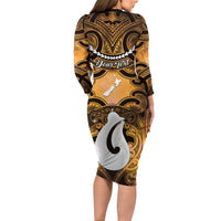 Personalised Maori Matariki Hei Matau Kowhai Long Sleeve Bodycon Dress Maori Kowhaiwhai Pattern Galaxy LT01 - Polynesian Pride
