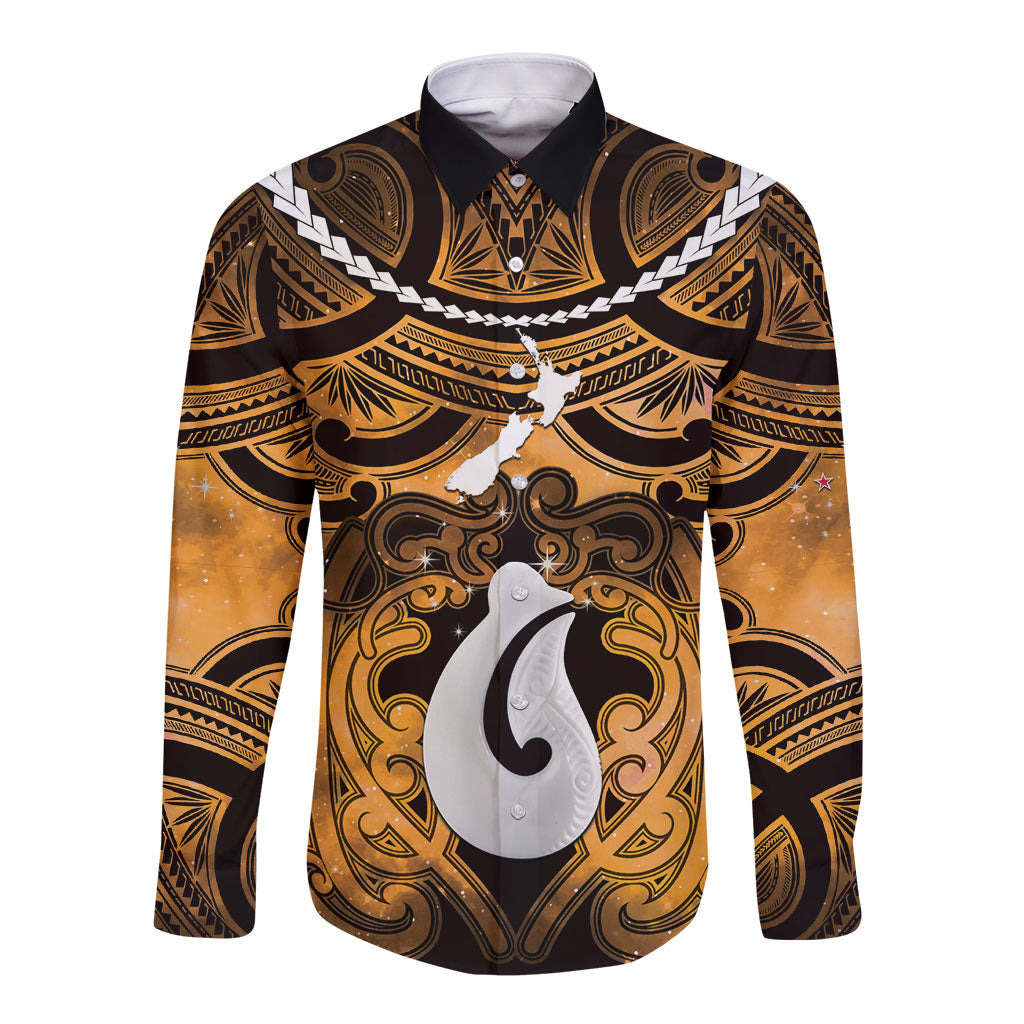 Personalised Maori Matariki Hei Matau Kowhai Long Sleeve Button Shirt Maori Kowhaiwhai Pattern Galaxy