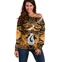 Personalised Maori Matariki Hei Matau Kowhai Off Shoulder Sweater Maori Kowhaiwhai Pattern Galaxy LT01 Women Yellow - Polynesian Pride