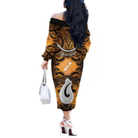 Personalised Maori Matariki Hei Matau Kowhai Off The Shoulder Long Sleeve Dress Maori Kowhaiwhai Pattern Galaxy LT01 - Polynesian Pride