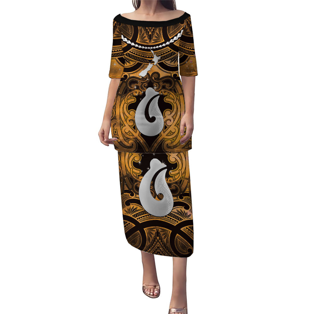 Personalised Maori Matariki Hei Matau Kowhai Puletasi Maori Kowhaiwhai Pattern Galaxy LT01 Long Dress Yellow - Polynesian Pride