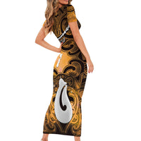 Personalised Maori Matariki Hei Matau Kowhai Short Sleeve Bodycon Dress Maori Kowhaiwhai Pattern Galaxy LT01 - Polynesian Pride