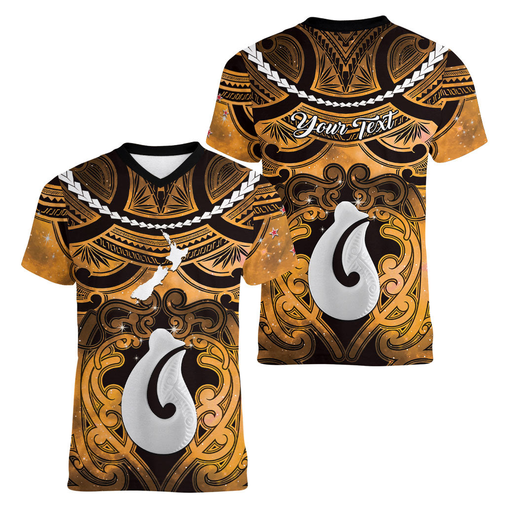 Personalised Maori Matariki Hei Matau Kowhai Women V-Neck T-Shirt Maori Kowhaiwhai Pattern Galaxy LT01 - Polynesian Pride