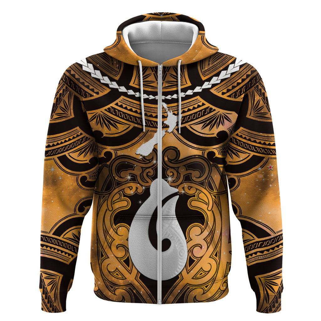 Personalised Maori Matariki Hei Matau Kowhai Zip Hoodie Maori Kowhaiwhai Pattern Galaxy