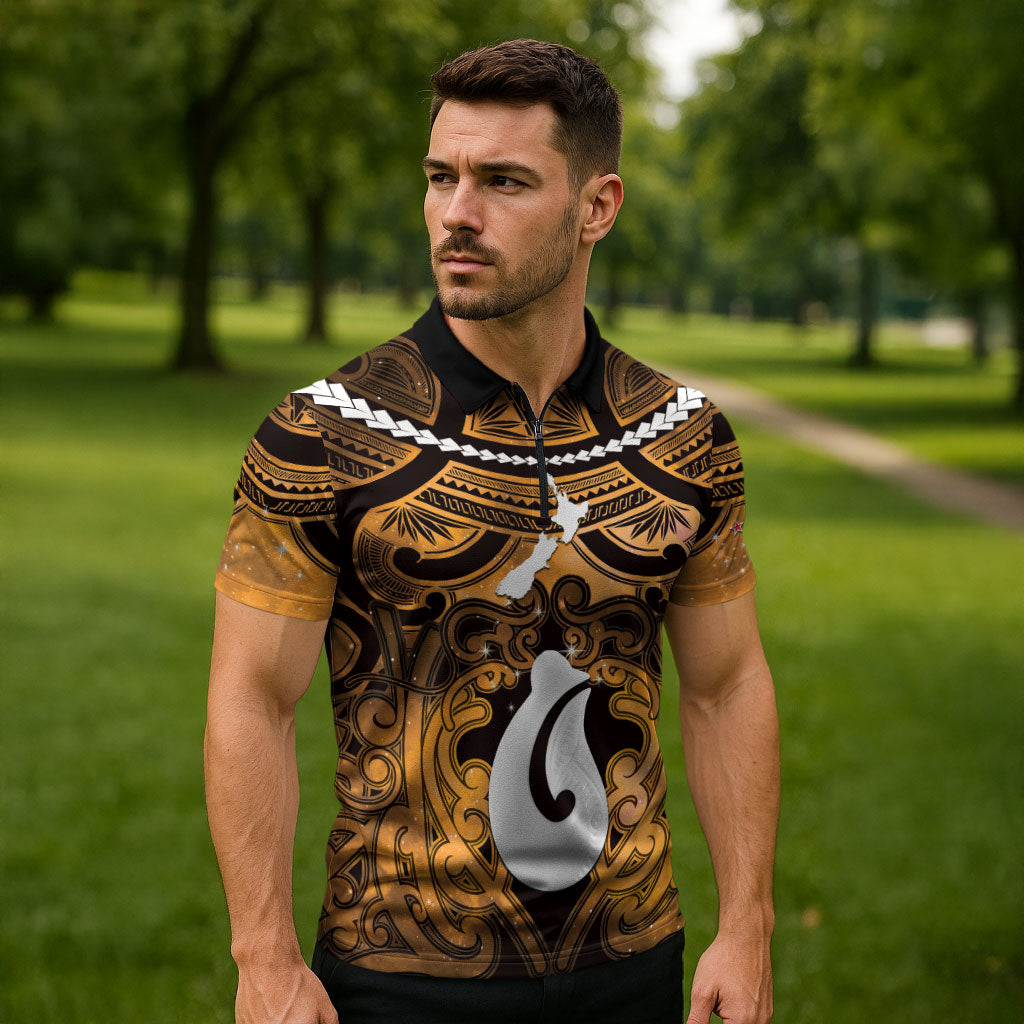 Personalised Maori Matariki Hei Matau Kowhai Zipper Polo Shirt Maori Kowhaiwhai Pattern Galaxy LT01 - Polynesian Pride