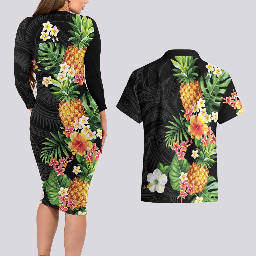 Hawaii Pineapple Tropical Couples Matching Long Sleeve Bodycon Dress and Hawaiian Shirt Colorful Hibiscus Plumeria LT01 - Polynesian Pride
