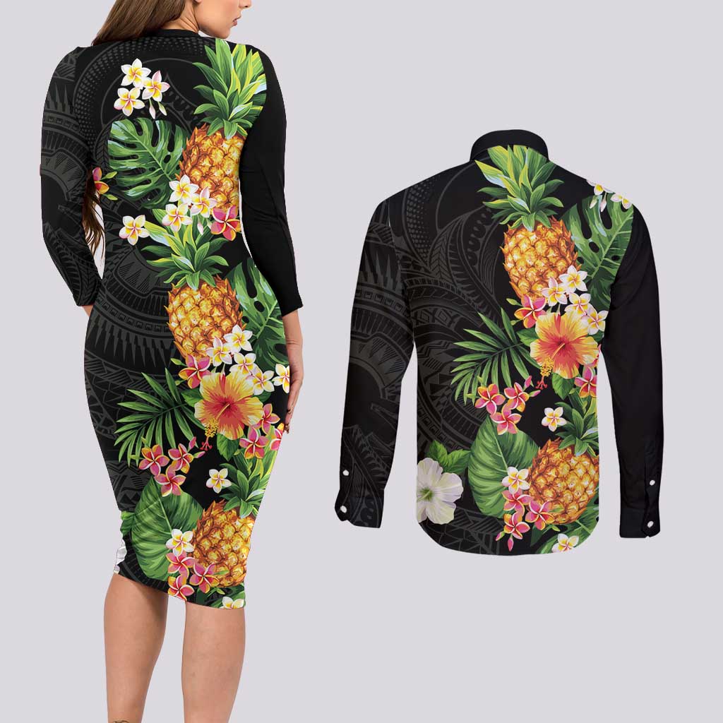 Hawaii Pineapple Tropical Couples Matching Long Sleeve Bodycon Dress and Long Sleeve Button Shirt Colorful Hibiscus Plumeria