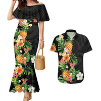 Hawaii Pineapple Tropical Couples Matching Mermaid Dress and Hawaiian Shirt Colorful Hibiscus Plumeria LT01 Black - Polynesian Pride