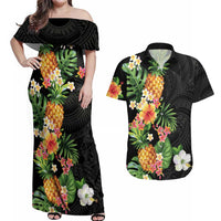 Hawaii Pineapple Tropical Couples Matching Off Shoulder Maxi Dress and Hawaiian Shirt Colorful Hibiscus Plumeria LT01 Black - Polynesian Pride
