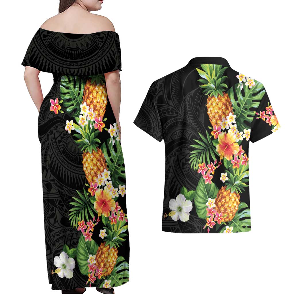 Hawaii Pineapple Tropical Couples Matching Off Shoulder Maxi Dress and Hawaiian Shirt Colorful Hibiscus Plumeria LT01 - Polynesian Pride
