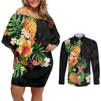 Hawaii Pineapple Tropical Couples Matching Off Shoulder Short Dress and Long Sleeve Button Shirt Colorful Hibiscus Plumeria