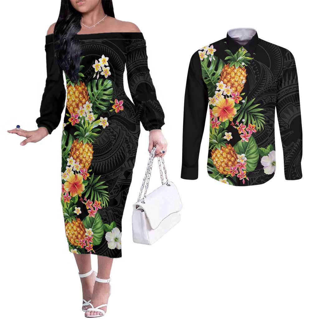 Hawaii Pineapple Tropical Couples Matching Off The Shoulder Long Sleeve Dress and Long Sleeve Button Shirt Colorful Hibiscus Plumeria