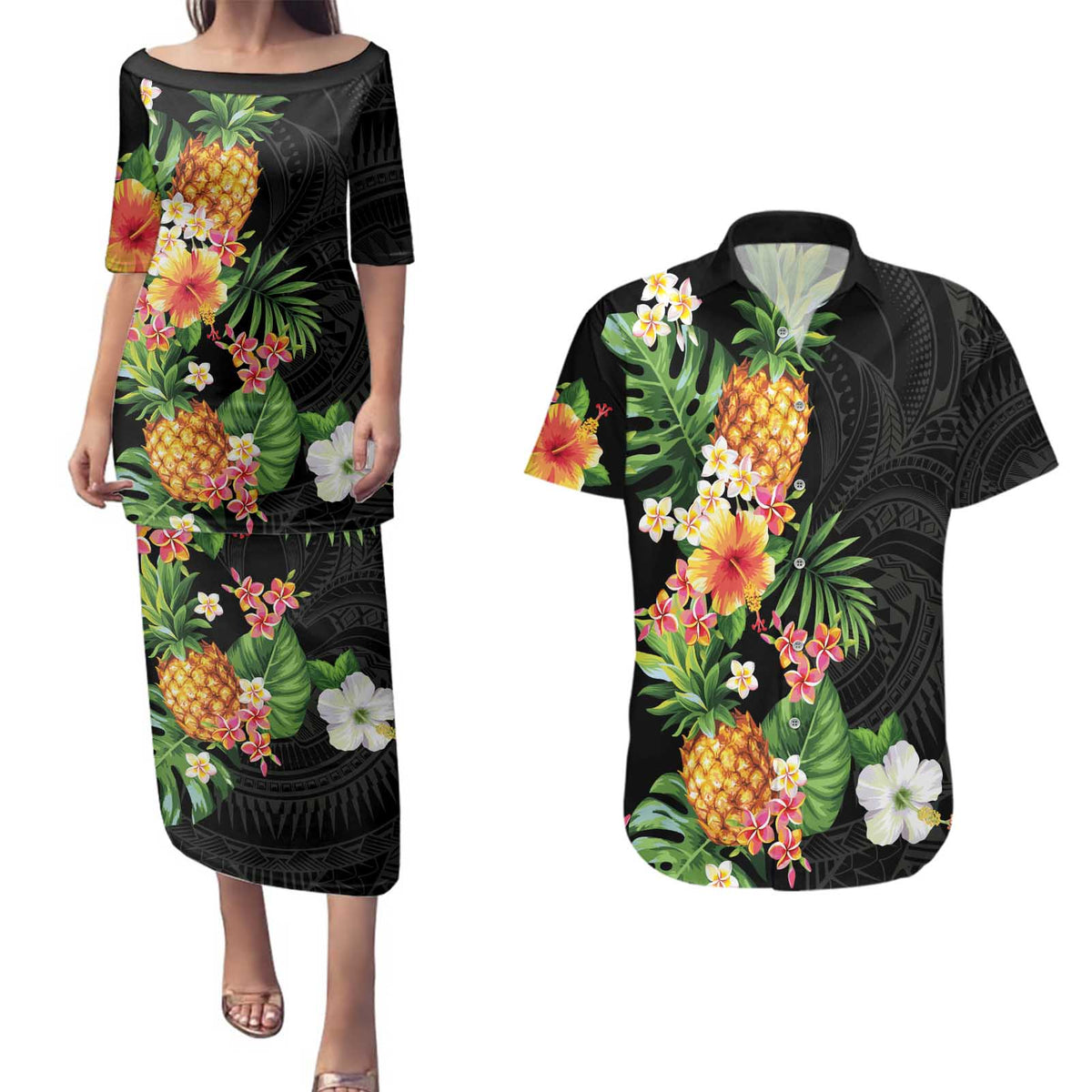 Hawaii Pineapple Tropical Couples Matching Puletasi and Hawaiian Shirt Colorful Hibiscus Plumeria LT01 Black - Polynesian Pride