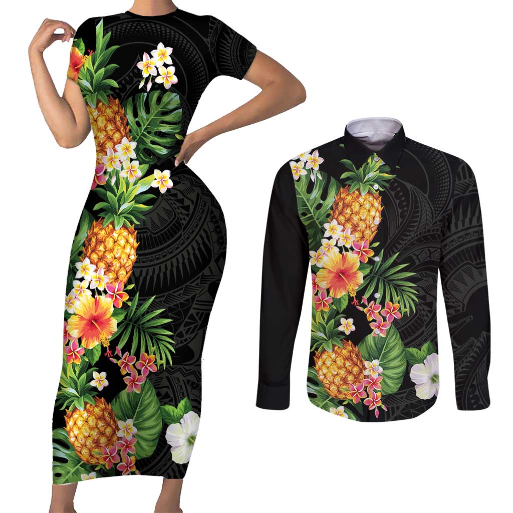 Hawaii Pineapple Tropical Couples Matching Short Sleeve Bodycon Dress and Long Sleeve Button Shirt Colorful Hibiscus Plumeria