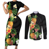 Hawaii Pineapple Tropical Couples Matching Short Sleeve Bodycon Dress and Long Sleeve Button Shirt Colorful Hibiscus Plumeria