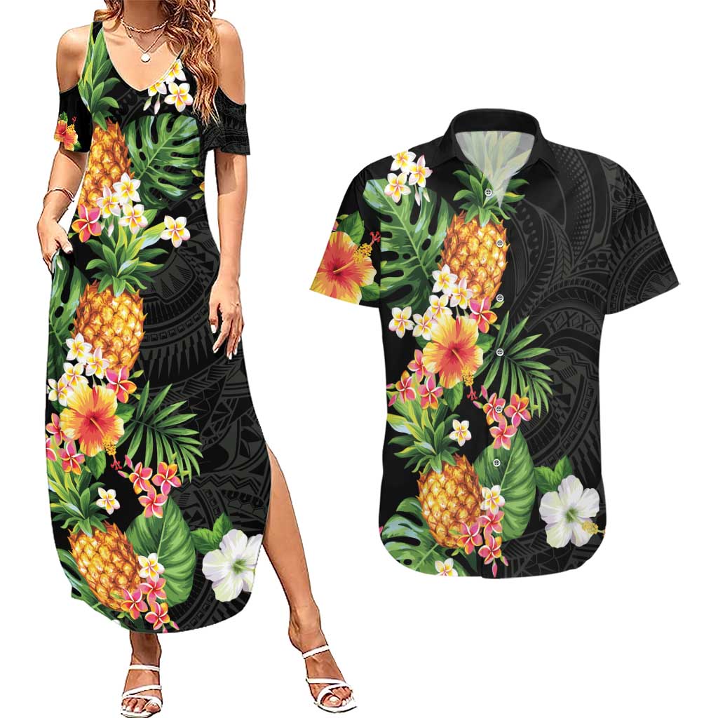 Hawaii Pineapple Tropical Couples Matching Summer Maxi Dress and Hawaiian Shirt Colorful Hibiscus Plumeria