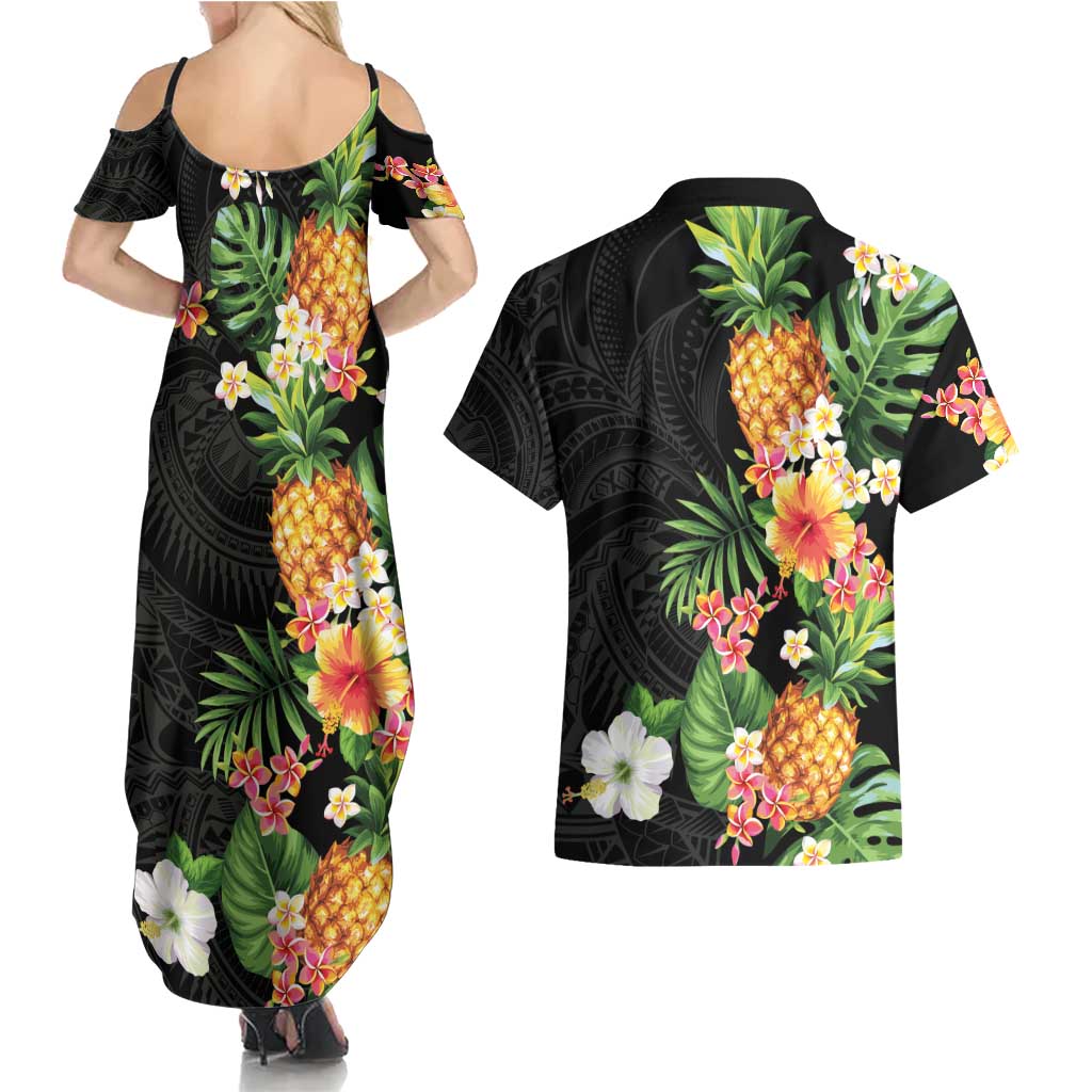 Hawaii Pineapple Tropical Couples Matching Summer Maxi Dress and Hawaiian Shirt Colorful Hibiscus Plumeria