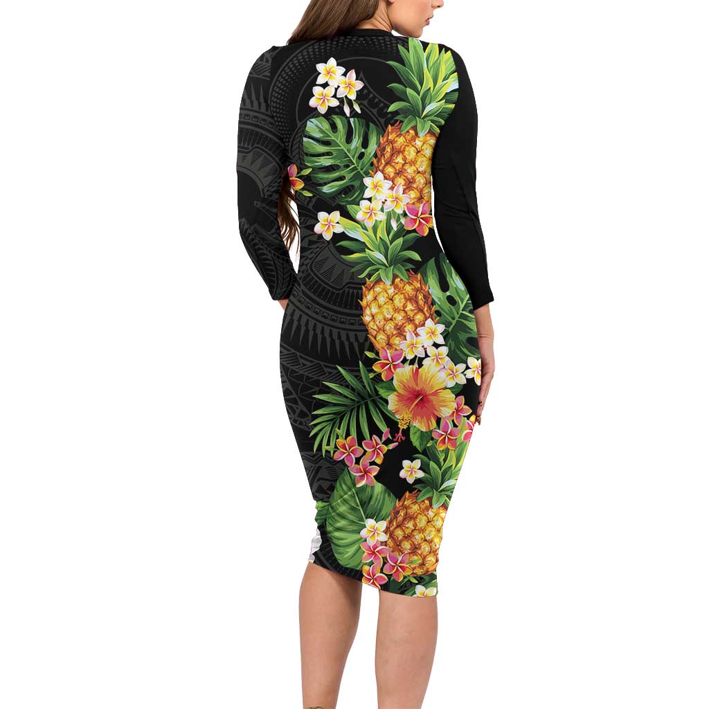 Hawaii Pineapple Tropical Family Matching Long Sleeve Bodycon Dress and Hawaiian Shirt Colorful Hibiscus Plumeria