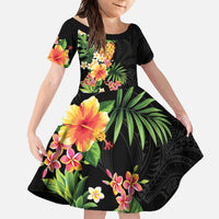 Hawaii Pineapple Tropical Family Matching Mermaid Dress and Hawaiian Shirt Colorful Hibiscus Plumeria LT01 Daughter's Dress Black - Polynesian Pride