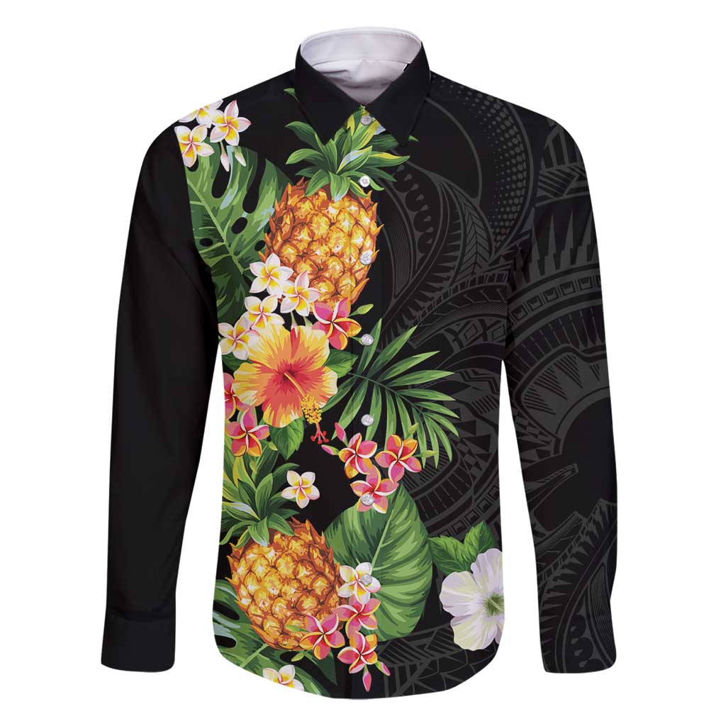 Hawaii Pineapple Tropical Family Matching Mermaid Dress and Hawaiian Shirt Colorful Hibiscus Plumeria LT01 Dad's Shirt - Long Sleeve Black - Polynesian Pride