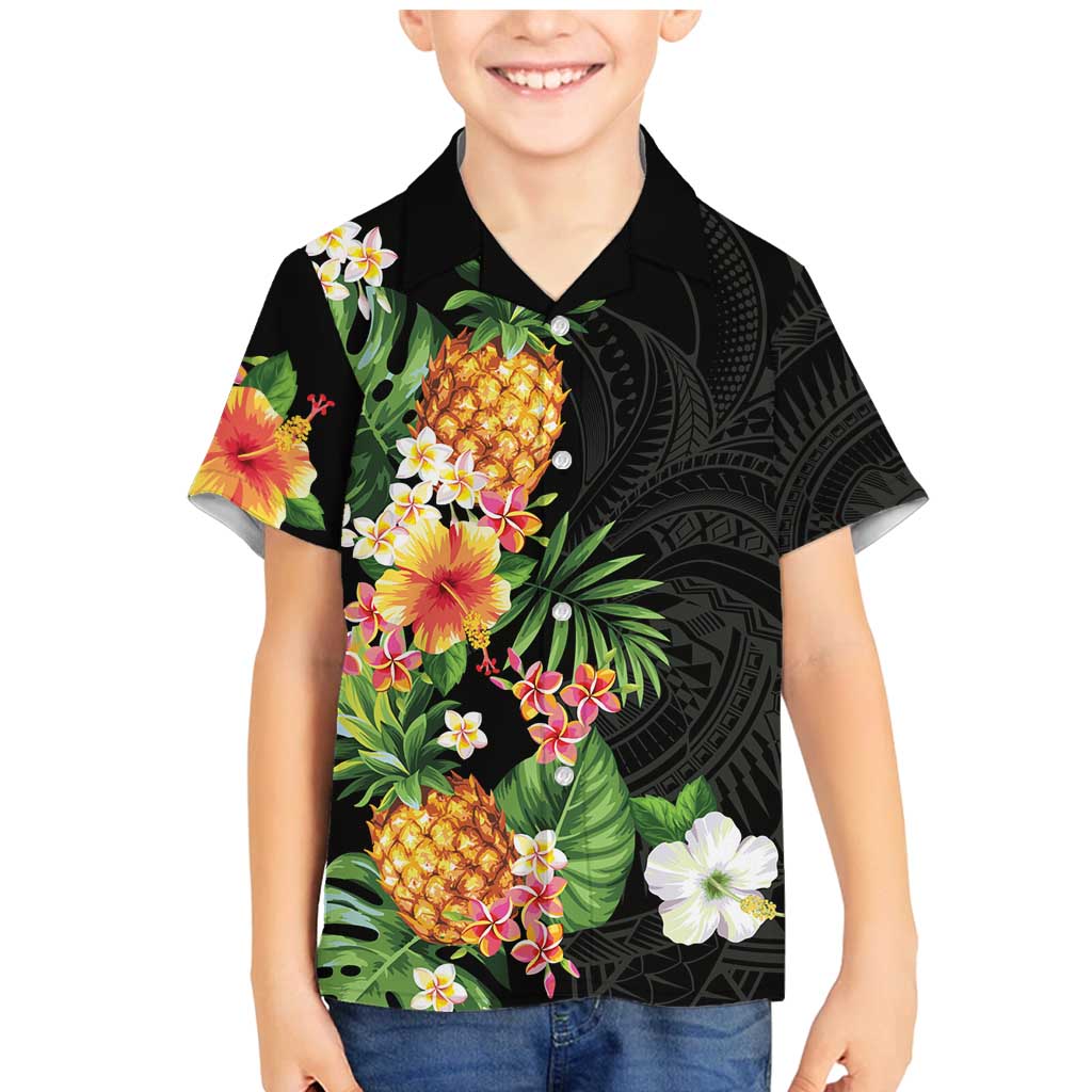 Hawaii Pineapple Tropical Family Matching Mermaid Dress and Hawaiian Shirt Colorful Hibiscus Plumeria LT01 Son's Shirt Black - Polynesian Pride