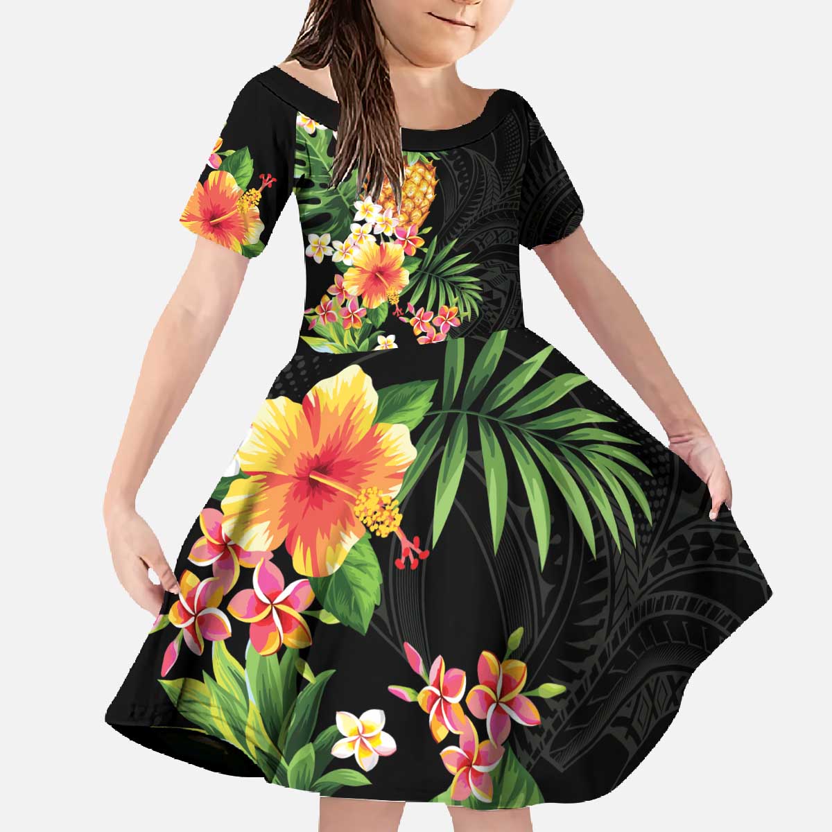 Hawaii Pineapple Tropical Family Matching Off The Shoulder Long Sleeve Dress and Hawaiian Shirt Colorful Hibiscus Plumeria LT01 Daughter's Dress Black - Polynesian Pride