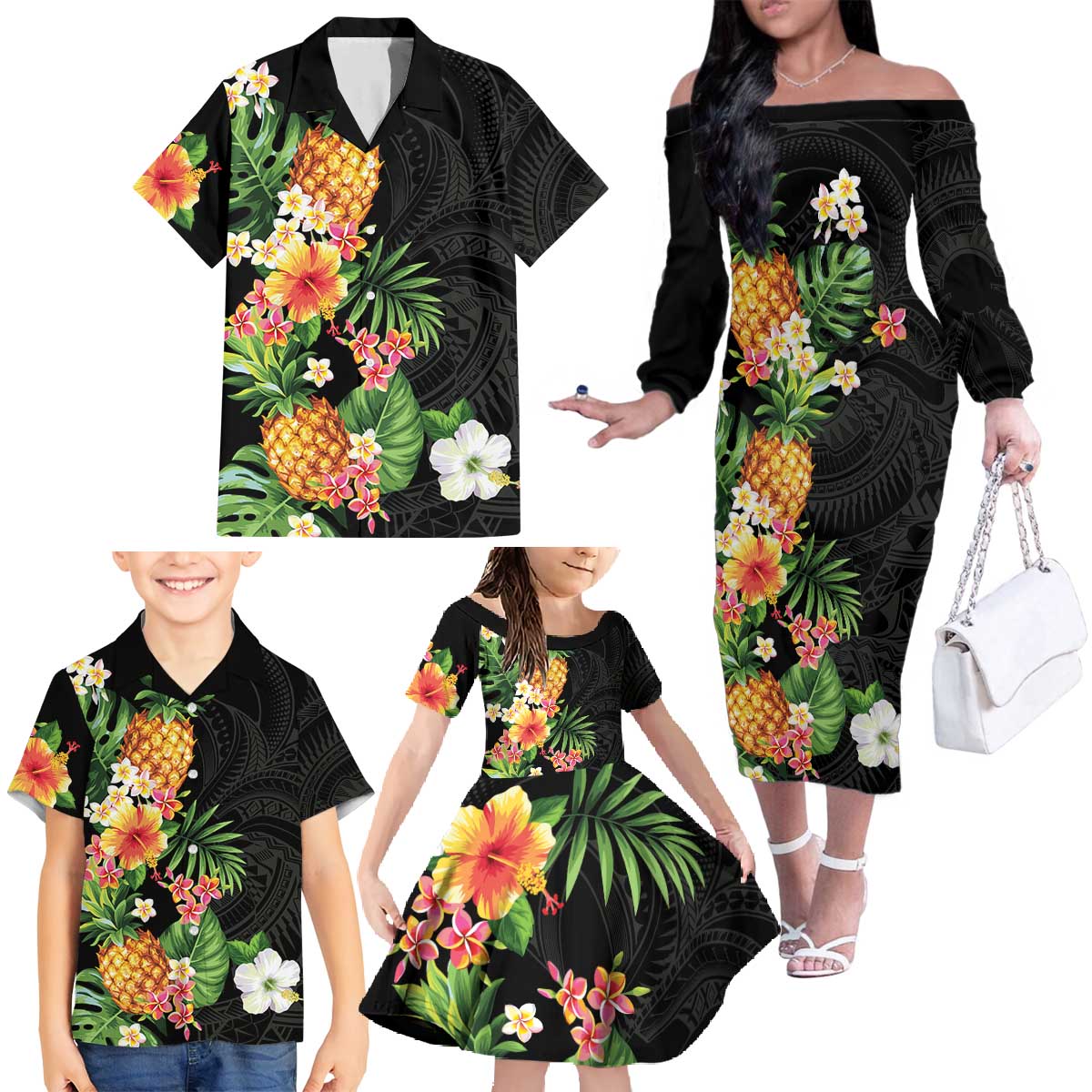 Hawaii Pineapple Tropical Family Matching Off The Shoulder Long Sleeve Dress and Hawaiian Shirt Colorful Hibiscus Plumeria LT01 - Polynesian Pride