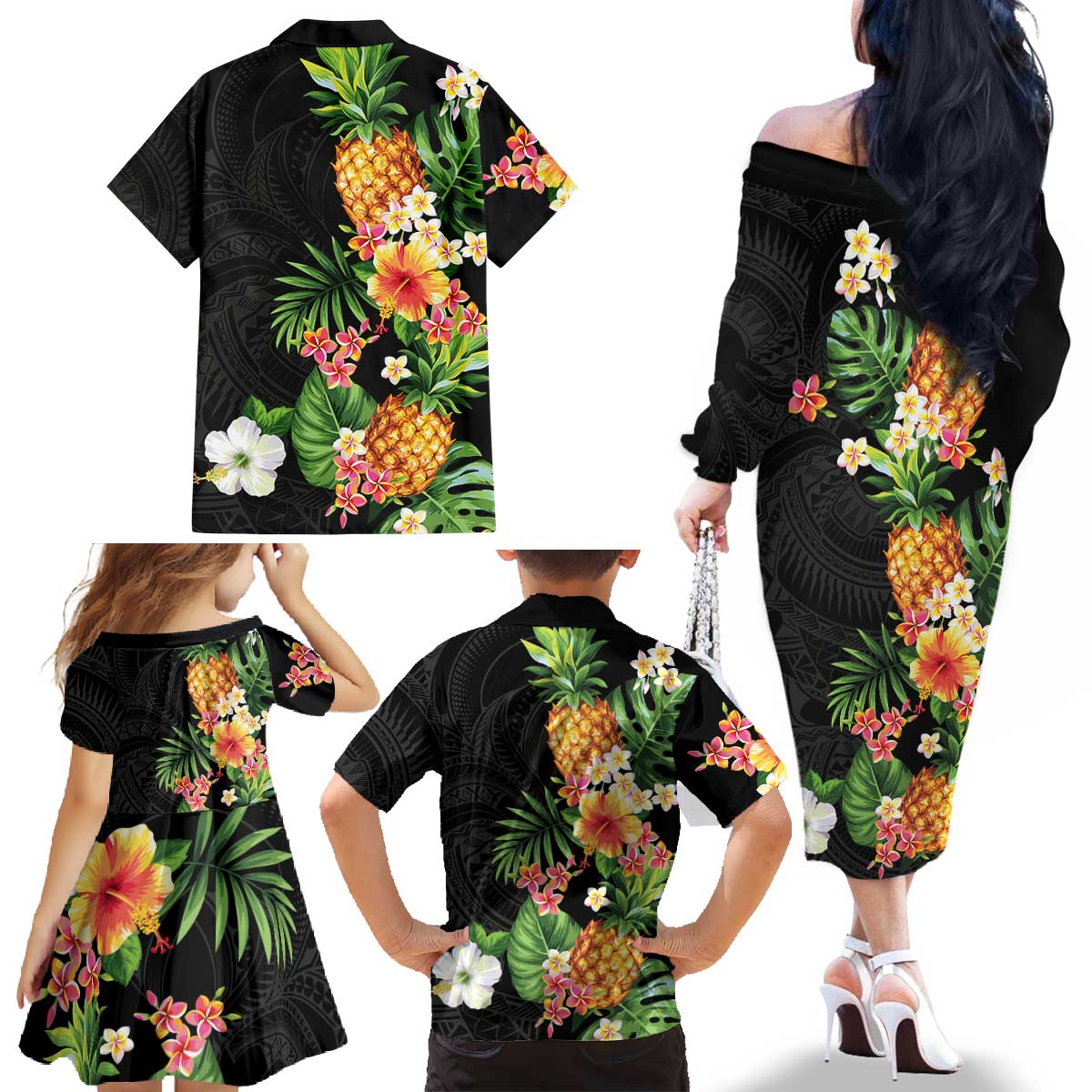 Hawaii Pineapple Tropical Family Matching Off The Shoulder Long Sleeve Dress and Hawaiian Shirt Colorful Hibiscus Plumeria LT01 - Polynesian Pride