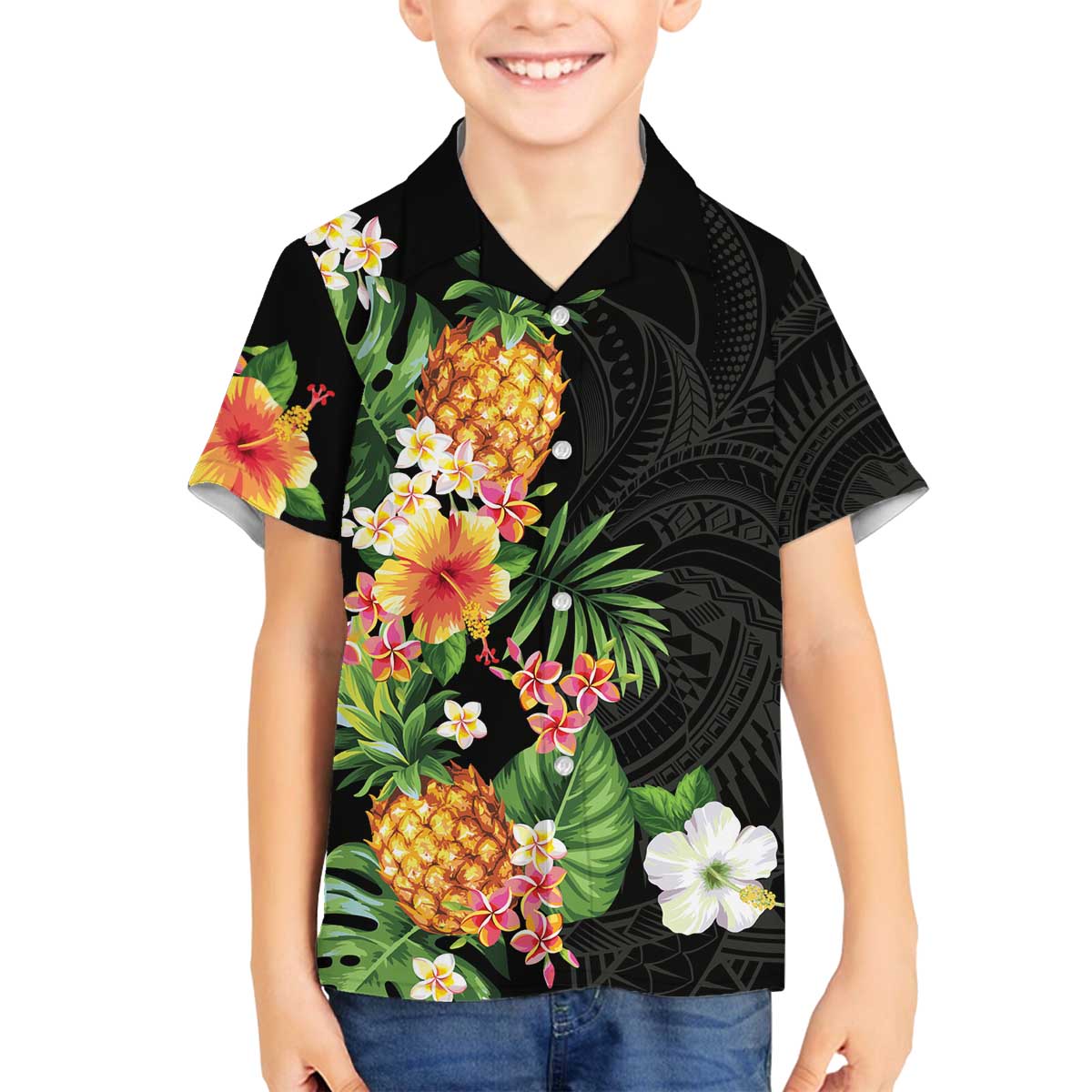Hawaii Pineapple Tropical Family Matching Off The Shoulder Long Sleeve Dress and Hawaiian Shirt Colorful Hibiscus Plumeria LT01 Son's Shirt Black - Polynesian Pride