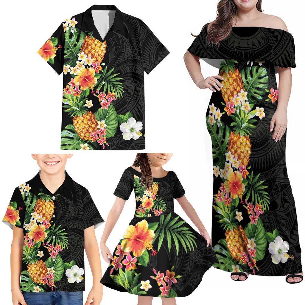 Hawaii Pineapple Tropical Family Matching Off Shoulder Maxi Dress and Hawaiian Shirt Colorful Hibiscus Plumeria LT01 - Polynesian Pride