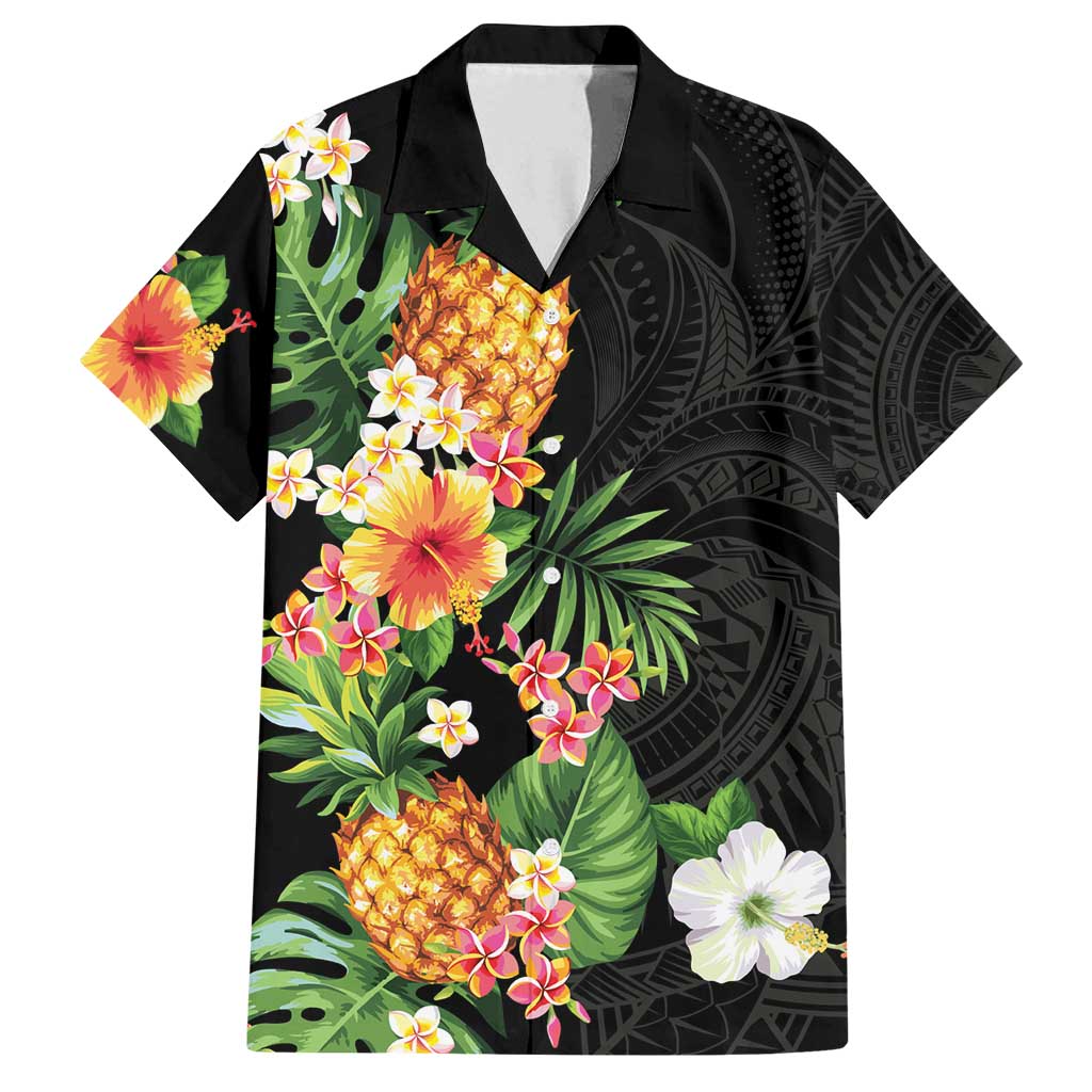 Hawaii Pineapple Tropical Family Matching Off Shoulder Maxi Dress and Hawaiian Shirt Colorful Hibiscus Plumeria LT01 Dad's Shirt - Short Sleeve Black - Polynesian Pride