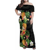 Hawaii Pineapple Tropical Family Matching Off Shoulder Maxi Dress and Hawaiian Shirt Colorful Hibiscus Plumeria LT01 Mom's Dress Black - Polynesian Pride