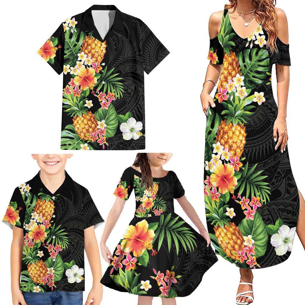 Hawaii Pineapple Tropical Family Matching Summer Maxi Dress and Hawaiian Shirt Colorful Hibiscus Plumeria