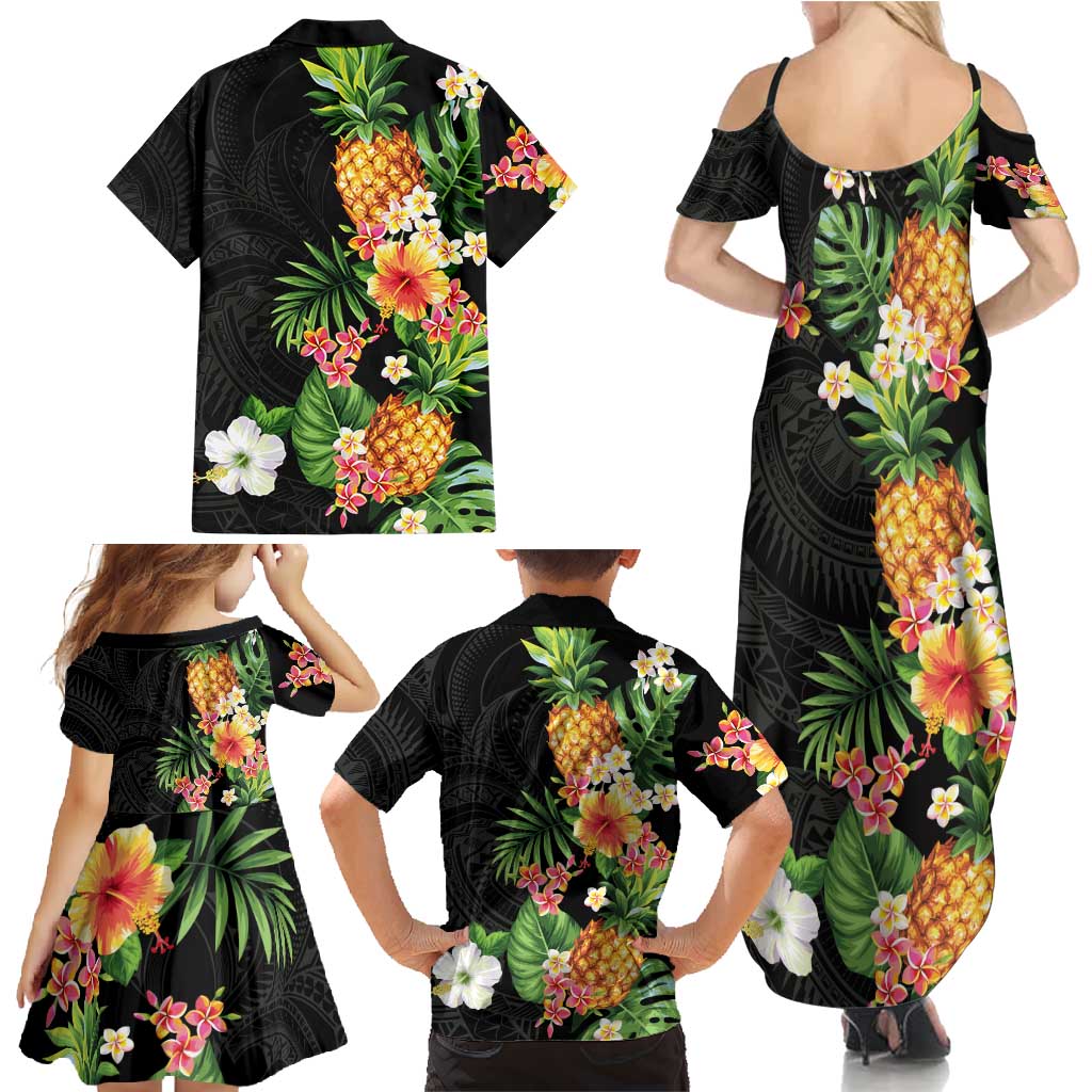 Hawaii Pineapple Tropical Family Matching Summer Maxi Dress and Hawaiian Shirt Colorful Hibiscus Plumeria