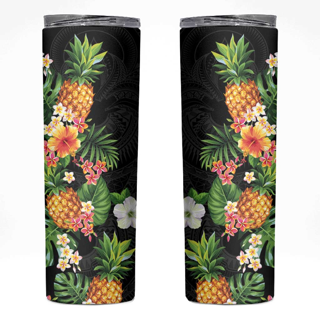 Hawaii Pineapple Tropical Skinny Tumbler Colorful Hibiscus Plumeria LT01 Black - Polynesian Pride