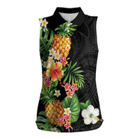 Hawaii Pineapple Tropical Women Sleeveless Polo Shirt Colorful Hibiscus Plumeria LT01 Female Black - Polynesian Pride