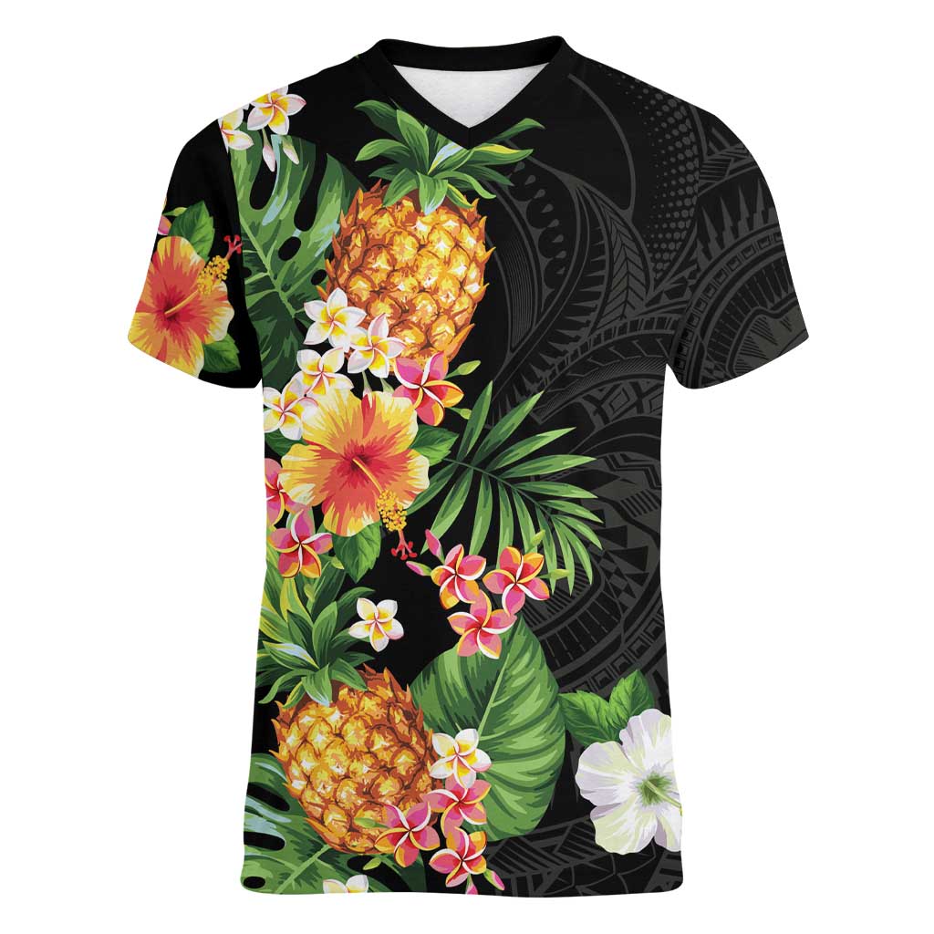 Hawaii Pineapple Tropical Women V-Neck T-Shirt Colorful Hibiscus Plumeria LT01 Female Black - Polynesian Pride