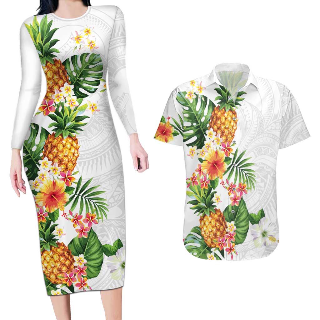 Hawaii Pineapple Tropical Couples Matching Long Sleeve Bodycon Dress and Hawaiian Shirt Luminous Hibiscus Plumeria LT01 White - Polynesian Pride