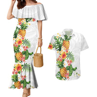 Hawaii Pineapple Tropical Couples Matching Mermaid Dress and Hawaiian Shirt Luminous Hibiscus Plumeria LT01 White - Polynesian Pride