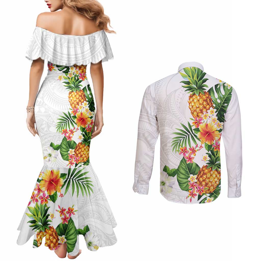Hawaii Pineapple Tropical Couples Matching Mermaid Dress and Long Sleeve Button Shirt Luminous Hibiscus Plumeria