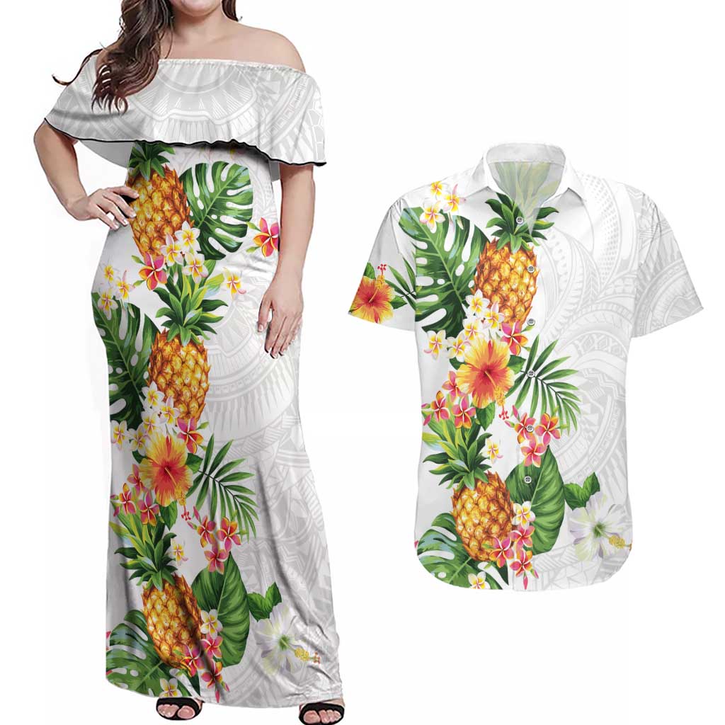 Hawaii Pineapple Tropical Couples Matching Off Shoulder Maxi Dress and Hawaiian Shirt Luminous Hibiscus Plumeria LT01 White - Polynesian Pride