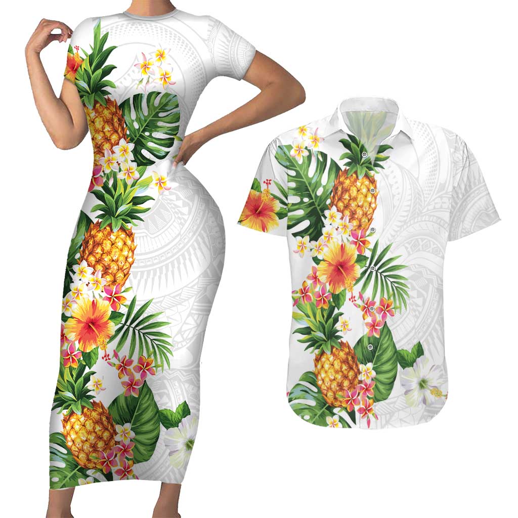 Hawaii Pineapple Tropical Couples Matching Short Sleeve Bodycon Dress and Hawaiian Shirt Luminous Hibiscus Plumeria LT01 White - Polynesian Pride