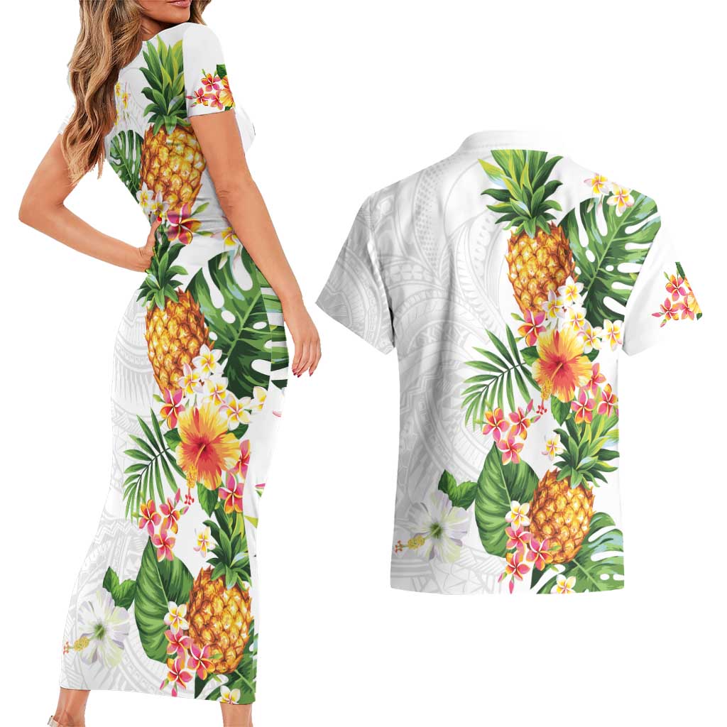 Hawaii Pineapple Tropical Couples Matching Short Sleeve Bodycon Dress and Hawaiian Shirt Luminous Hibiscus Plumeria LT01 - Polynesian Pride