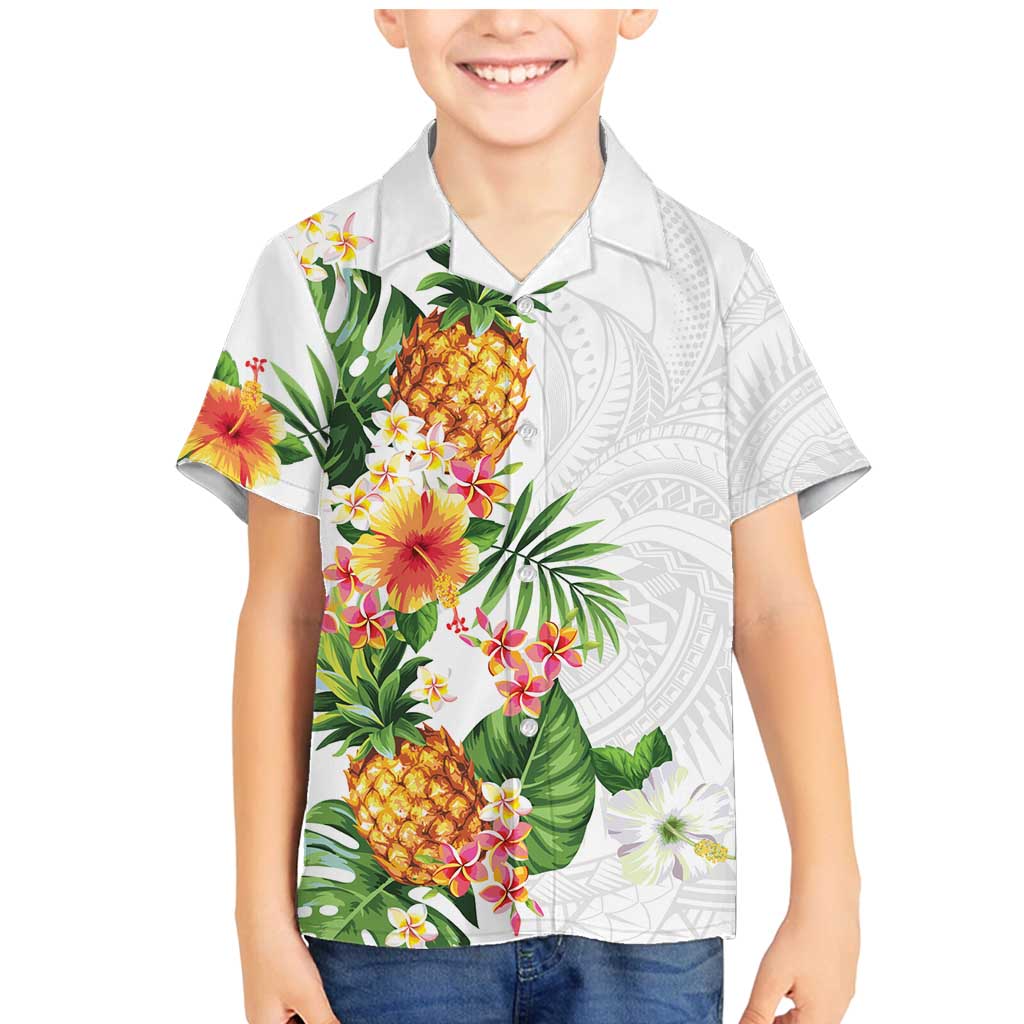 Hawaii Pineapple Tropical Family Matching Mermaid Dress and Hawaiian Shirt Luminous Hibiscus Plumeria LT01 Son's Shirt White - Polynesian Pride