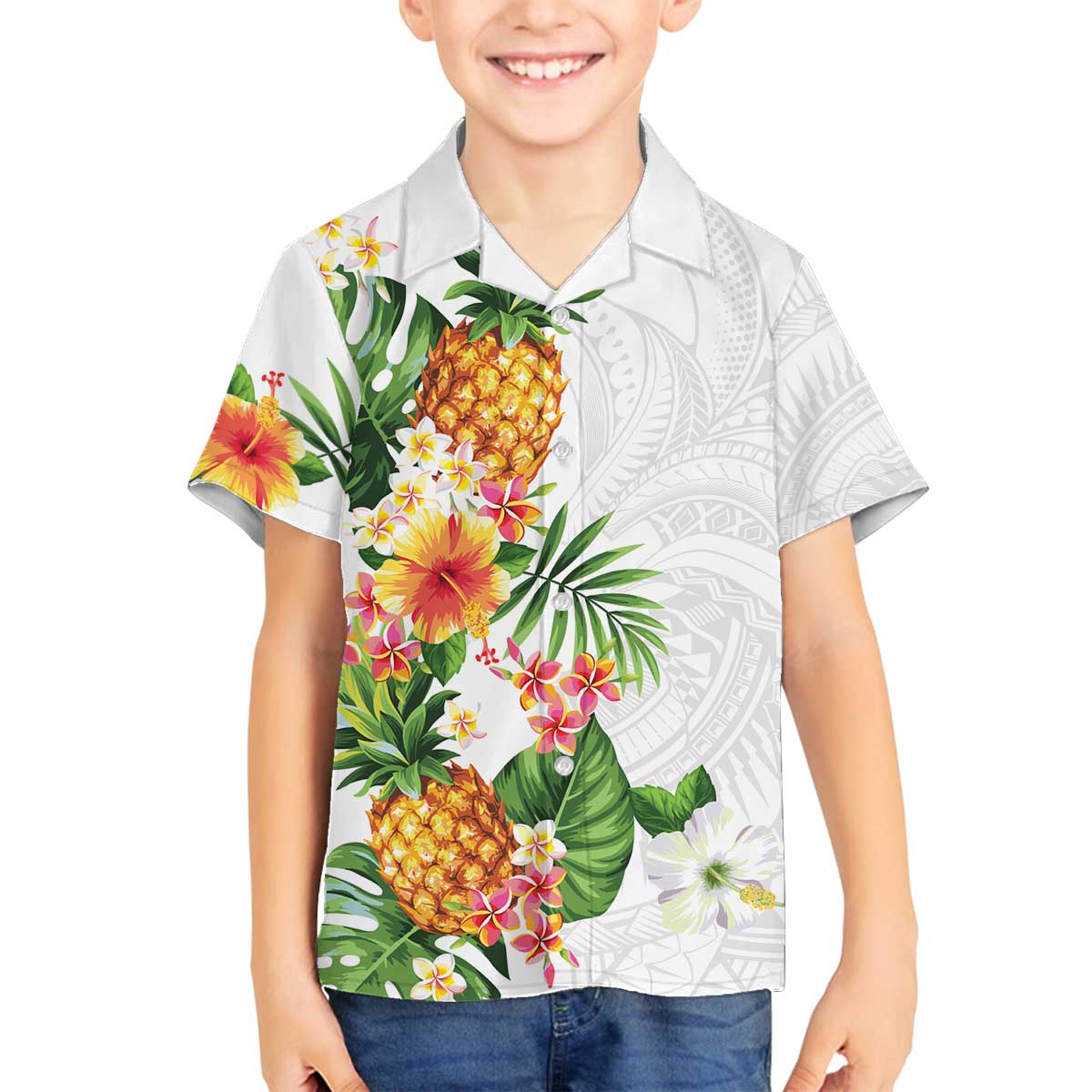 Hawaii Pineapple Tropical Family Matching Off The Shoulder Long Sleeve Dress and Hawaiian Shirt Luminous Hibiscus Plumeria LT01 Son's Shirt White - Polynesian Pride