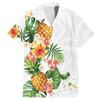 Hawaii Pineapple Tropical Family Matching Off Shoulder Maxi Dress and Hawaiian Shirt Luminous Hibiscus Plumeria LT01 Dad's Shirt - Short Sleeve White - Polynesian Pride