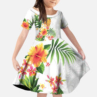 Hawaii Pineapple Tropical Family Matching Puletasi and Hawaiian Shirt Luminous Hibiscus Plumeria LT01 Daughter's Dress White - Polynesian Pride