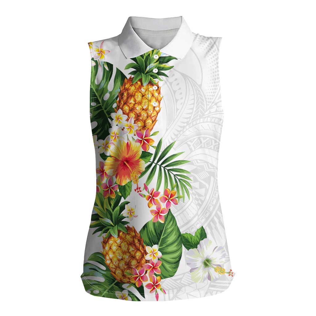 Hawaii Pineapple Tropical Women Sleeveless Polo Shirt Luminous Hibiscus Plumeria LT01 Female White - Polynesian Pride