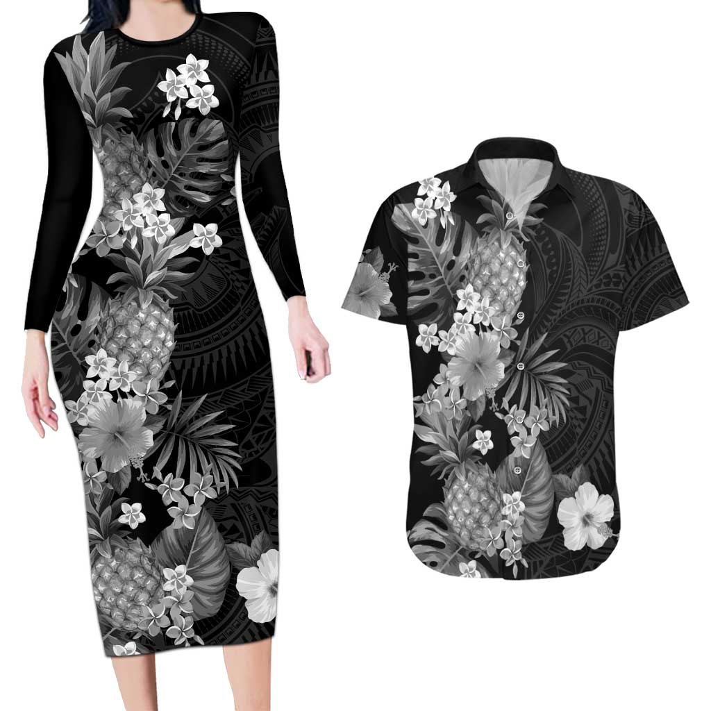 Hawaii Pineapple Tropical Couples Matching Long Sleeve Bodycon Dress and Hawaiian Shirt Neutral Hibiscus Plumeria LT01 Black - Polynesian Pride